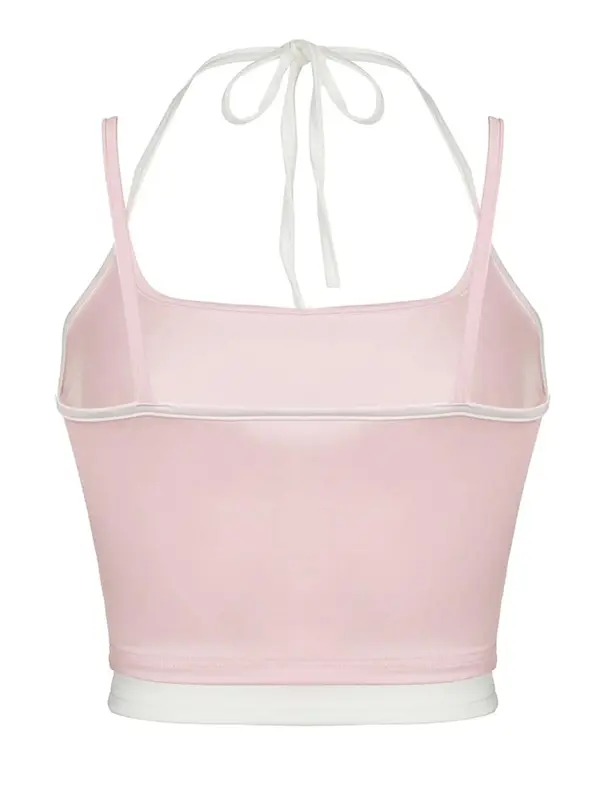 Women's 2 in 1 Colorblock Halter Neck Tie Back Crop Top, Summer Clothes, Casual Backless Spaghetti Strap Top for Spring, Women's Clothes for Daily Wear 7