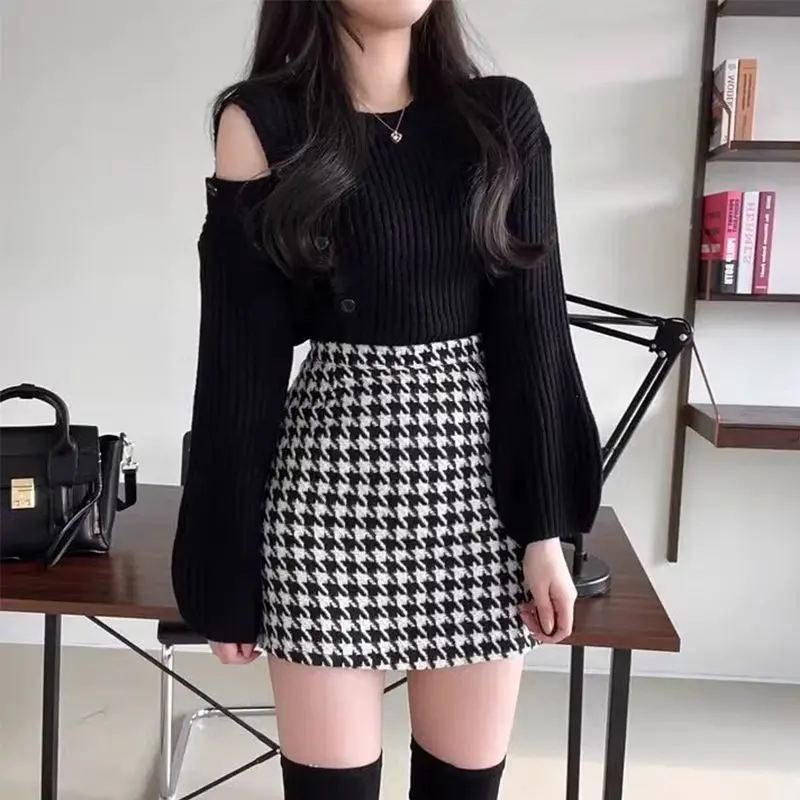 Houndstooth High Waist Skirt for Women Plump Girls plus Size Slim Cover New Design Sense Fashion Hip A- line Skirt