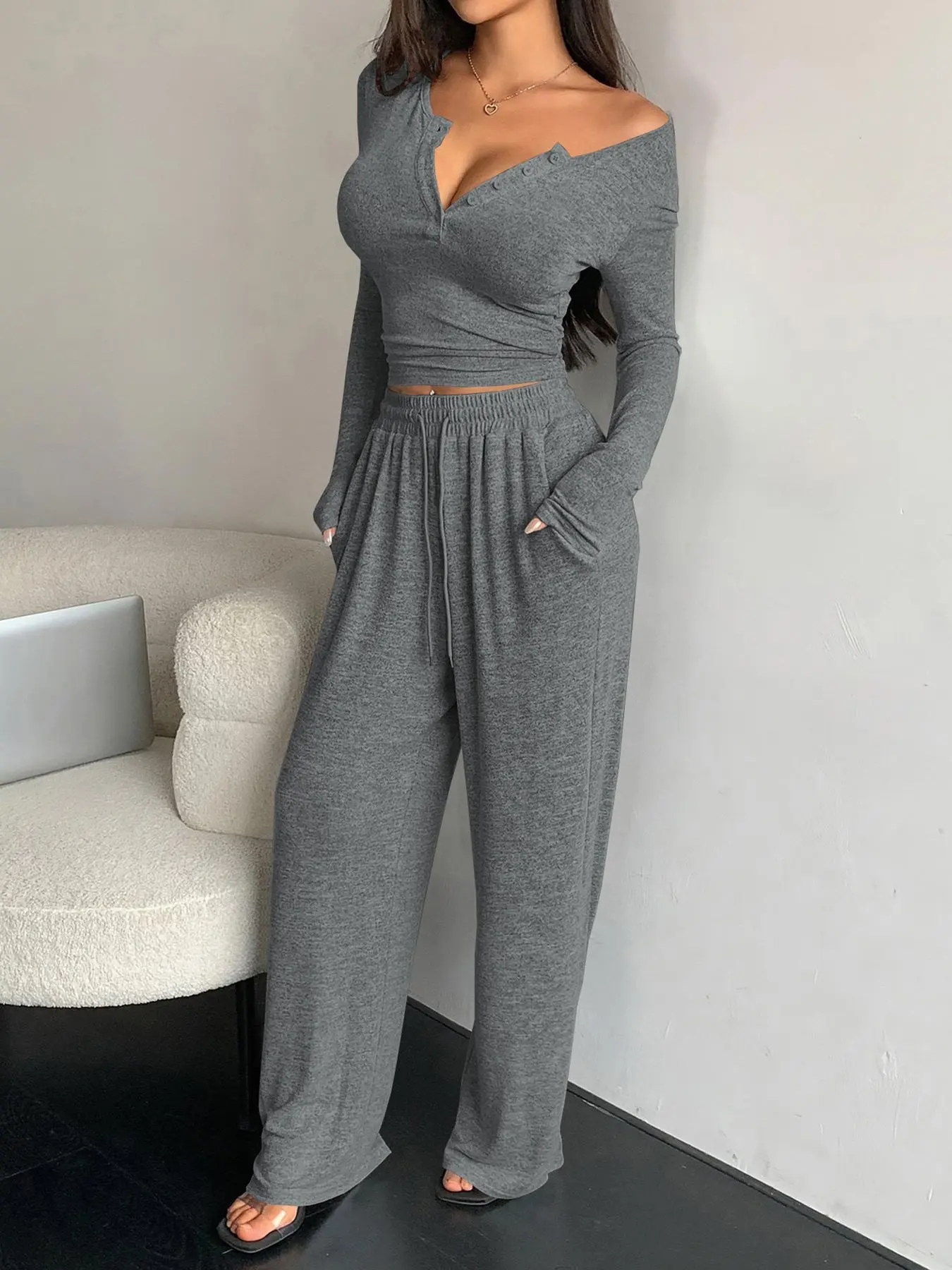 Women's Solid Button Front Long Sleeve Tee & Wide Leg Drawstring Waist Two-piece Set, Casual Fashion Cozy Two Piece Outfits for Daily Outdoor Wear, Women Clothes for All Seasons, Co-ord Sets
