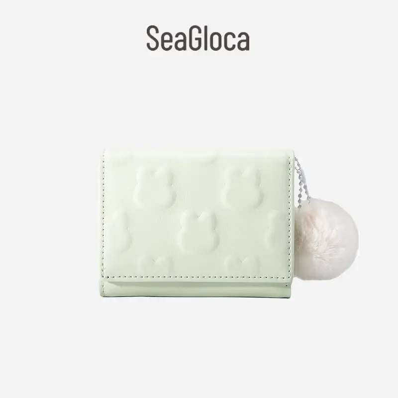 Short three fold wallet Pu rabbit print, seagloca, for women, with new hair ball pendant, No. 1557
