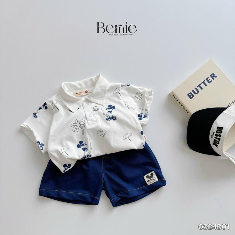 Bộ hè polo áo in hình MICKEY XANH chất vải cotton mềm kèm quần giả bò phù hợp cho bé trai đi học đi chơi size 9-23kg, quần áo trẻ em
