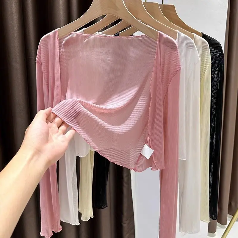Áo Cardigan Chống Nắng Lưới, Dành Cho Nữ, Kiểu Dây Đeo Mùa Hè, Khăn Choàng Bên Ngoài, Màu Hồng, Áo Khoác Áo Cánh Vải Tuyn Ngắn, Với Váy