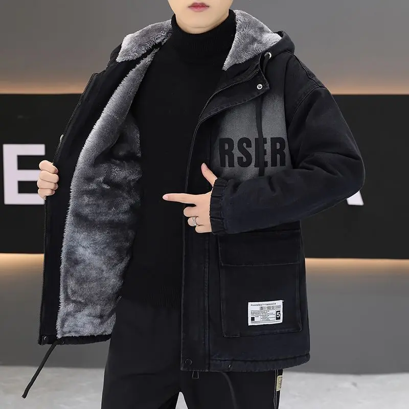 Áo Parka Denim, Lót Lông Cừu Mùa Đông, Dày Dặn, Dáng Rộng Vừa Vặn, Có Mũ Trùm Đầu, Áo Khoác Độn Bông, Áo Khoác Ấm Áp, Phong Cách Hàn Quốc Hợp Xu hướng Thích Hợp Cho Thanh Thiếu Niên