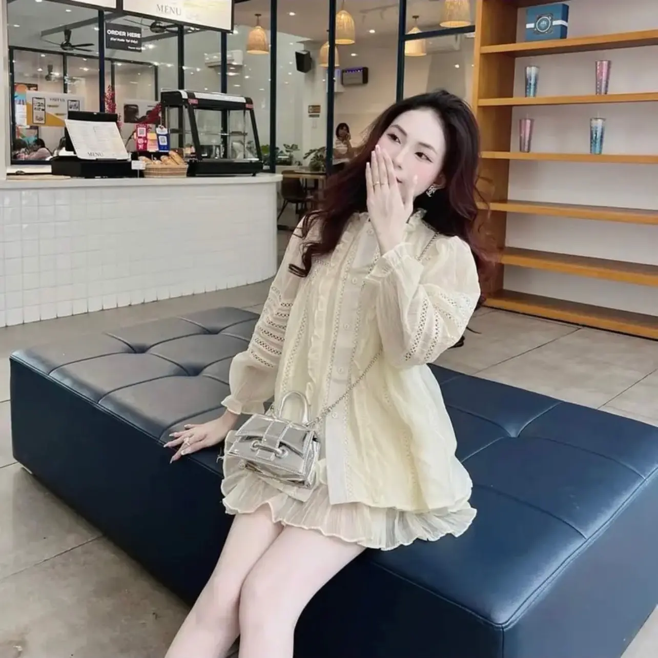 S158 Set babydoll voan tơ dành cho nữ cổ bèo tay dài bo (kèm áo 2 dây) + chân váy tầng- MITRUC (size 40-60kg) NEW Women