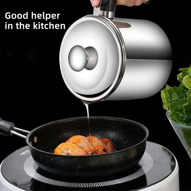 Stainless Steel Oil Pot with Filter, Kitchen Oil Dispenser with Tray & Lid, Bacon Grease Container, Cooking Oil Can, Home Kitchenware 6