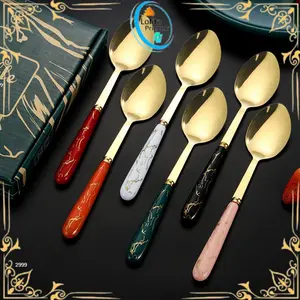 Sendok Marble 6IN1 Free Box Set Golden Spoon / Sendok Sultan 1 Set Isi 6pcs Alat Makan Spoon Box Gift Set Souvenir C1201