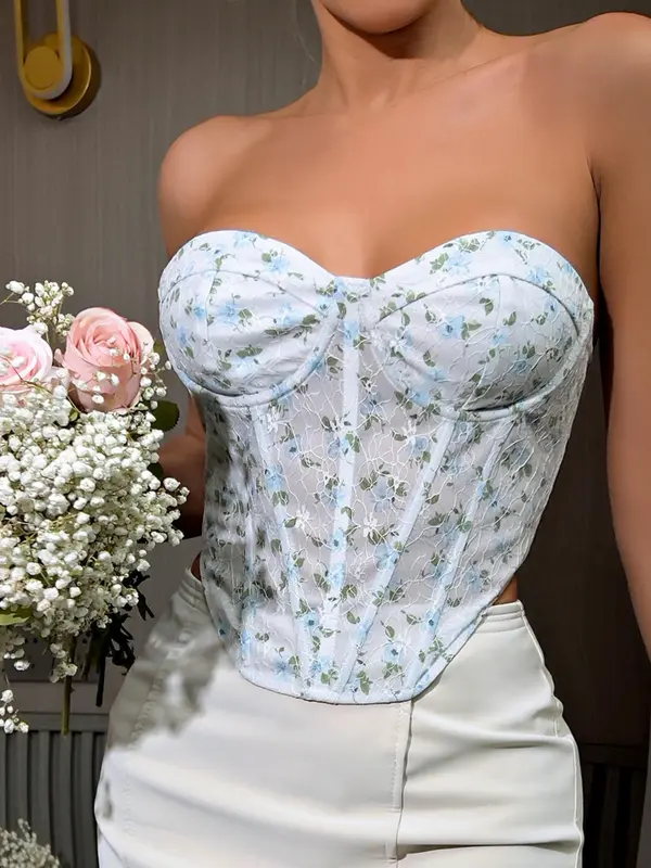 Women's Ditsy Floral Lace Up Criss Cross Backless Crop Tube Top, Summer Clothes Women, Fashionable Hanky Hem Sleeveless Top for Summer, White Tube Top, Summer Tops, Lady's Top for Beach Holiday Vacation, Summer Womenswear 8