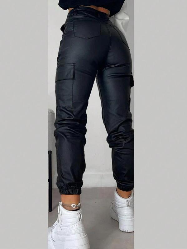 Women's Solid Pocket Button Cargo Pants, Casual Streetwear Multi-Pocket Trousers for Daily Wear, Ladies Bottoms for All Seasons 1
