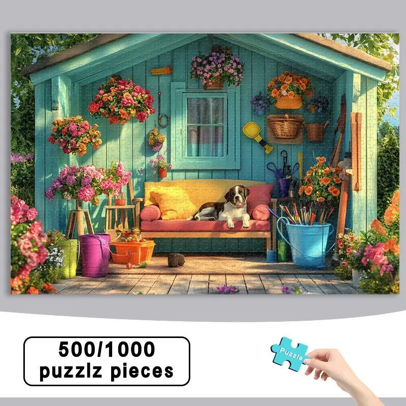 Dog House & Flower Pattern Wooden Puzzle Toy, 500/1000pcs Wooden Jigsaws Toys, Creative Home Decor, Ideal Gift for Friend & Family 4
