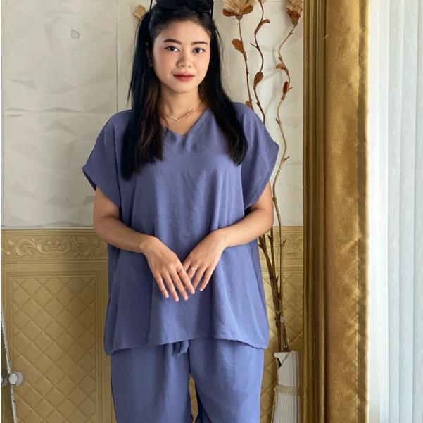 HARGA SPECIAL 3PCS ONE SET SETELAN BAJU WANITA / HOTPANS BAHAN CRINKLE AIRFLOW / CELANA PENDEK WANITA / BAJU TIDUR LENGAN PENDEK LD 120 7