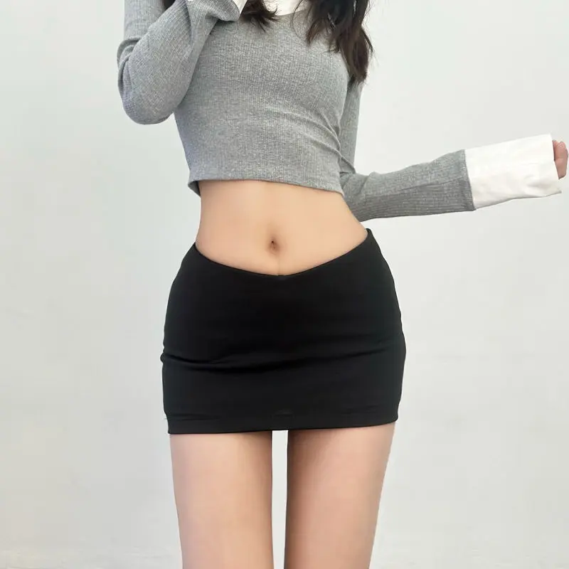 [Micro skirt]2024 American Hot Girl Sexy Low V Waist Skinny Slimming with Safety Pants Hip Skirt Mini Miniskirt