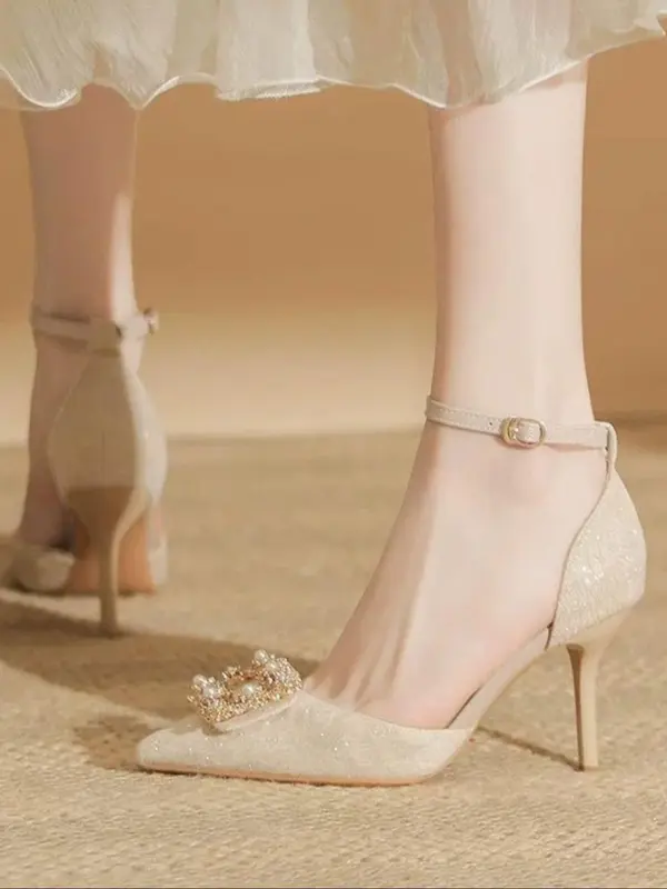 Women's Fashionable Rhinestone & Faux Pearl Decorated Spool Heel & Low Heel Shoes, Elegant Pointed Toe Heel Shoes for Party, Daily Clothing Decor for Women & Girls 8