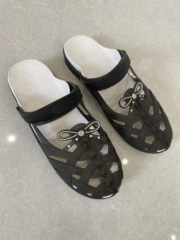  Giày nữ nhựa dẻo bít mũi đính nơ đan chéo-nhẹ-bền-không thấm nước dép rọ phối dây xích 