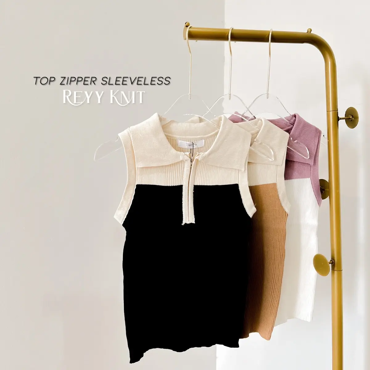 [ Limited Bangkok ] Top Zipper Sleeveless - Reyy Knit Soft Tank Wanita Atasan Basic