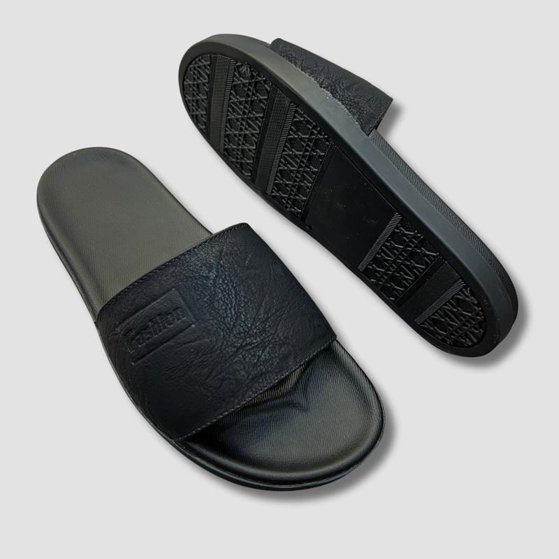Product Introduction of Dép quai ngang Logo Fashion in chìm, Dép lê nam [ Khâu Quai đế ] đế cao su hai lớp bền bỉ. Dép nam da sít đen phong cách đơn giản Slipper. Đồng DéP 8