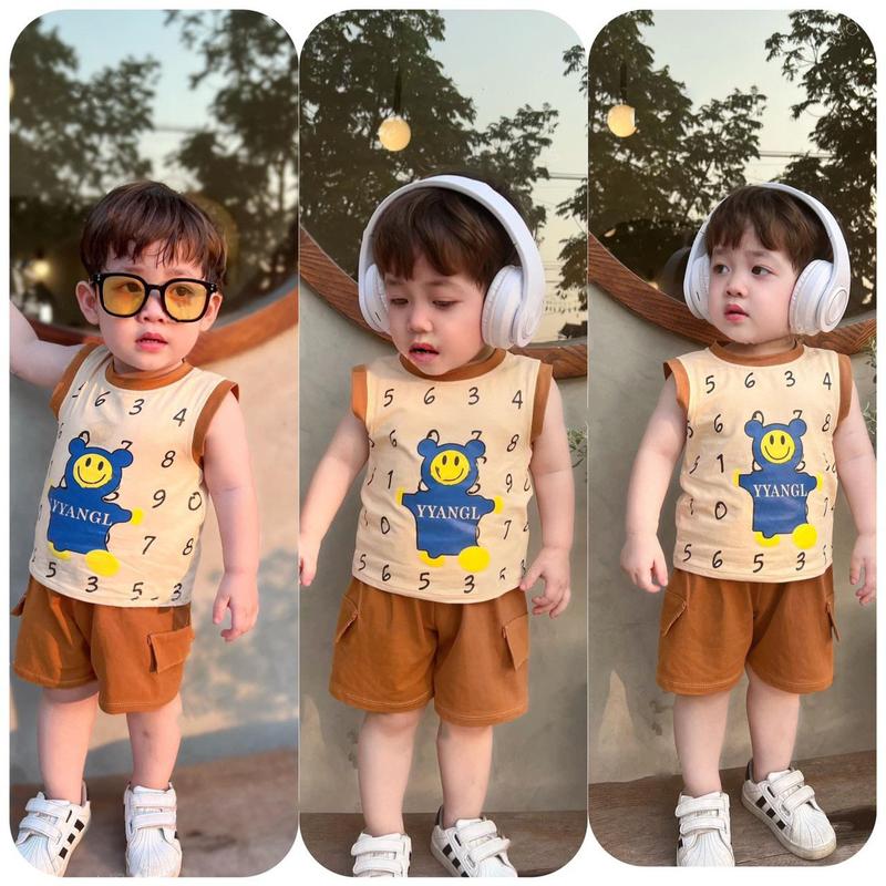  Đồ bộ bé trai - Bộ ba lỗ cho bé - Set áo gấu số và quần short giả túi cạp chun chất cotton size 7-18 kg - SUN KID'S Thun 