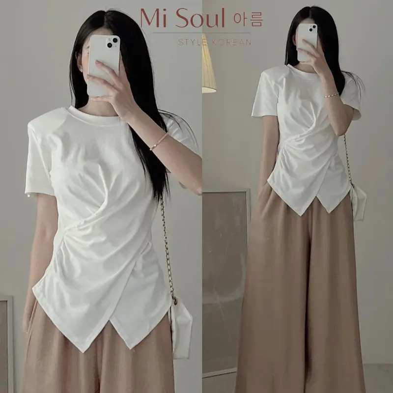 Áo Thun Xoắn Eo Cổ Tròn MiSoul BigSize , Áo Cộc Tay BigSize Vạt Chéo 199 Top Nữ Women Đen Cotton Voi 6