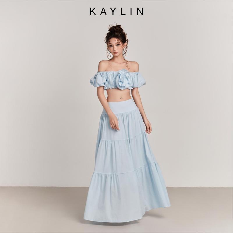 Set KAYLIN Áo Hoa Croptop Trễ Vai Phối Chân Váy Tầng Maxi Chất Vải Linen Hàn Phong Cách Boho Chic - SET24T6 Women
