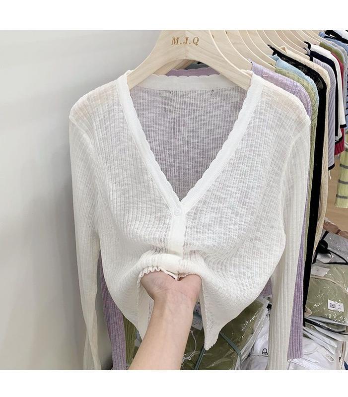 Product Introduction of Áo Cardigan Chống Nắng Dệt Kim, Trang Phục Mùa Hè Cho Nữ, Chất Liệu Lụa Lạnh Mỏng, Dài Tay, Màu Đen, Thích Hợp Mặc Bên Ngoài, Có Thể Mặc Với Áo Điều Hòa Không Khí Ngắn, Áo Sơ Mi, Women, Top, Voi 7