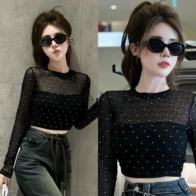 Áo lưới ô mắt sàng nhũ kèm áo 2 dây trong thun zip co giãn croptop dài tay