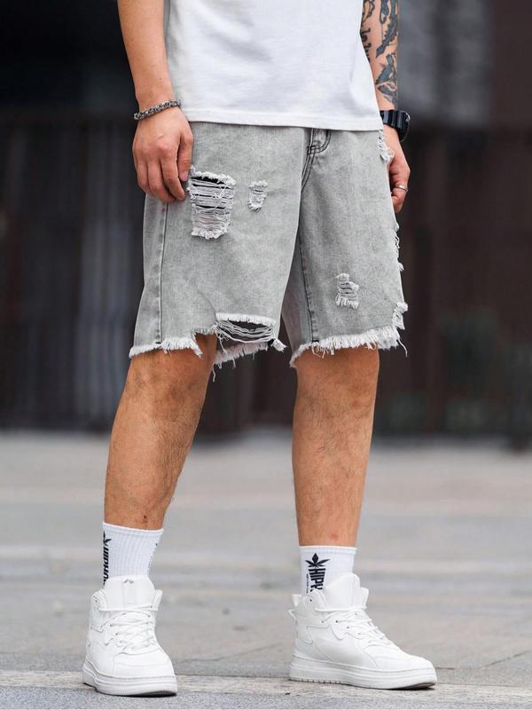 Men's Solid Color Ripped Denim Shorts, Fashion Loose Fit Short Jeans for Summer, Men's Bottoms for Daily Wear, Cotton, Womenswear 6