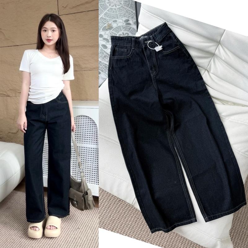 [Q206] Quần jean suông lưng cao màu xanh đen ống rộng cho nấm lùn tôn dáng