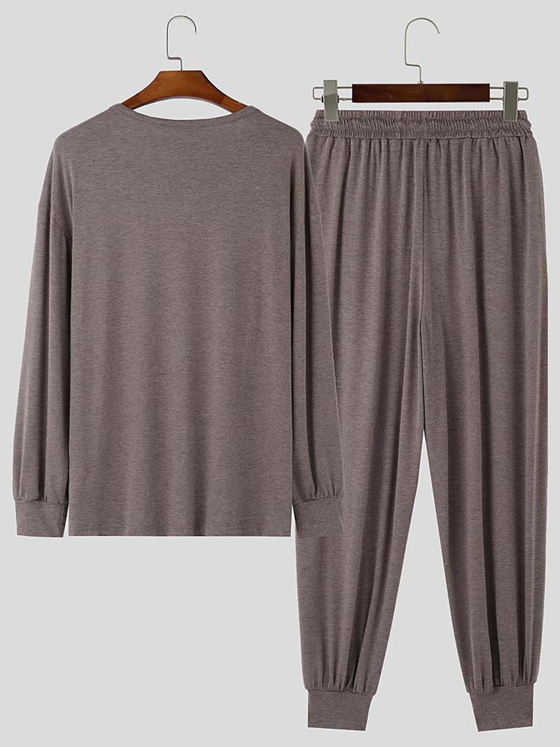Product Introduction of Men's Solid Color Round Neck Tee & Drawstring Waist Pants Set, Loose Crew Neck Long Sleeve Top & Trousers, Casual Fashion Cozy Breathable Men Two-piece Outfits for Spring & Fall 2