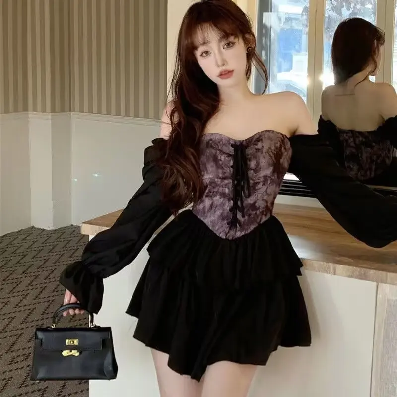 Váy Thời Trang Phong Cách Hàn Quốc, Thiết Kế Trễ Vai, Thích Hợp Cho Mùa Xuân Và Mùa Hè, Eo Thu Vào, Buộc Dây, Váy Ngắn Lông Mịn, Váy Dài Tay Bất Đối Xứng Phong Cách Tie Dye Mực, Dành Cho Nữ