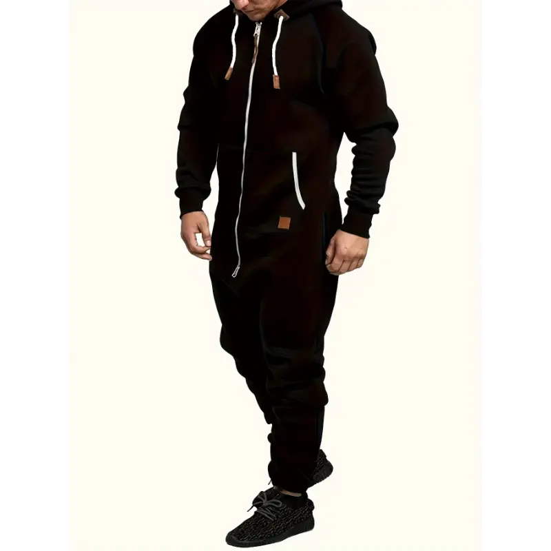 Men's Hooded Fleece Lined Jumpsuit, Long Sleeved Full Zip Pajamas With Kangaroo Pockets 0