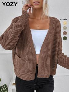 YOZY Boho Plain Pocket Drop Shoulder Cardigan, Flounce Sleeve Button Front Knitwear, 2024 Women's Summer & Fall Outfits for Daily Wear