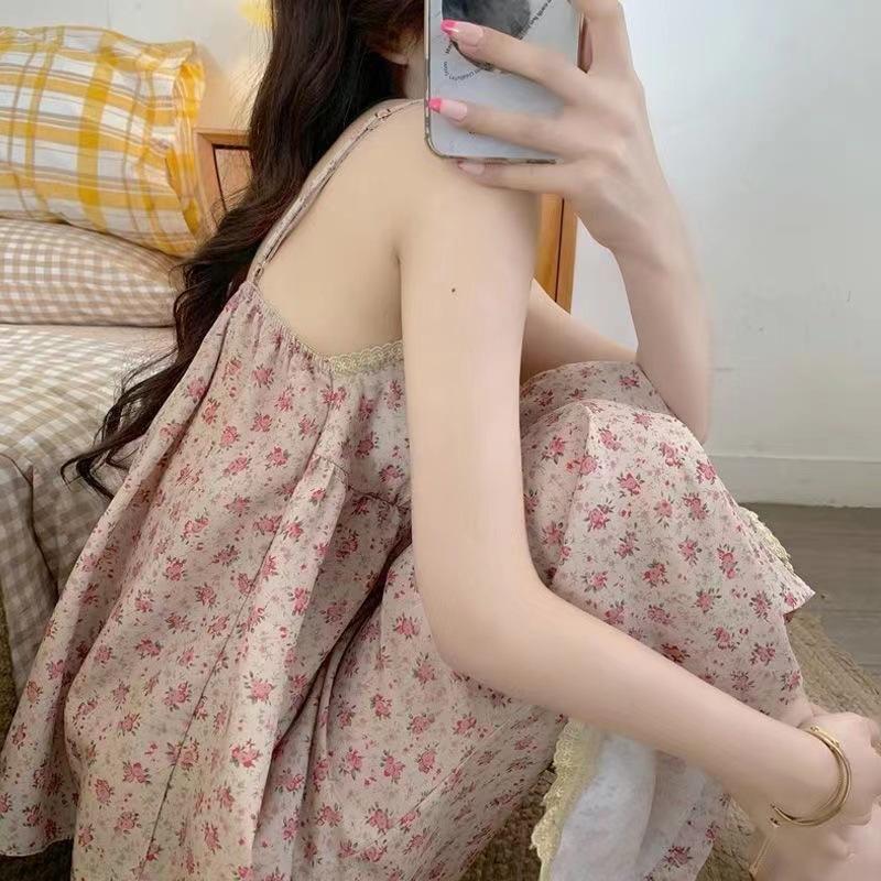  Bộ Đồ Ngủ Nữ Phong Cách Mùa Hè Và Mùa Thu Thiết Kế Hoa Nhỏ Cổ Điển Váy Ngủ Trượt Có Đệm Ngực Cotton Women Voi Kem Voan Ren đồ bộ nữ mặc nhà đồ bộ pijama nữ đồ ngủ mặc nhà đồ ngủ nữ 
