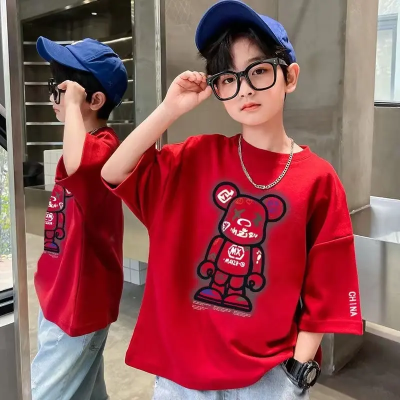 Áo Thun Bé Trai, In Hình Gấu Thêu, Ngắn Tay, Chất Liệu Cotton, Phong Cách Hàn Quốc, Thường Ngày, Cổ Tròn, Thích Hợp Cho Mùa Hè, Hàng Có Sẵn Có Sẵn, Cỡ 3-12 Tuổi, Baju Budak Lelaki