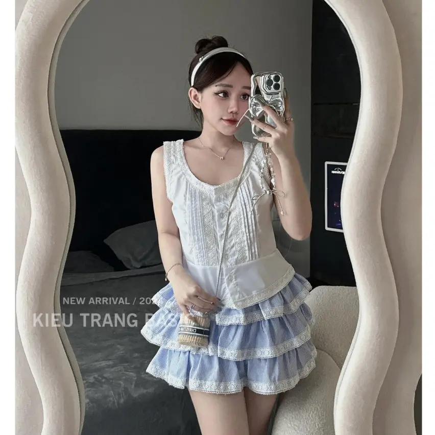 Set Áo Đũi Trắng + Chân Váy Xoè Tầng Xanh Xinh Tiểu Thư