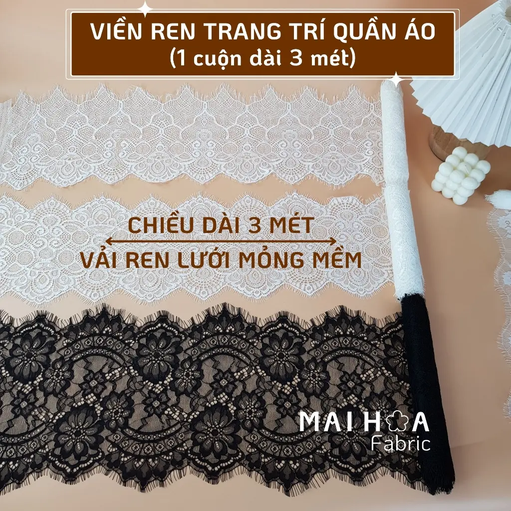 Viền ren cotton thêu hoa. Ruy băng ren lưới mỏng dài 3 mét dùng may đồ và trang trí decor. Tiệm vải Mai Hoa