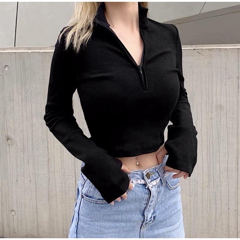 Áo CropTop Khoá Kéo Giọt Lệ Tay Dài