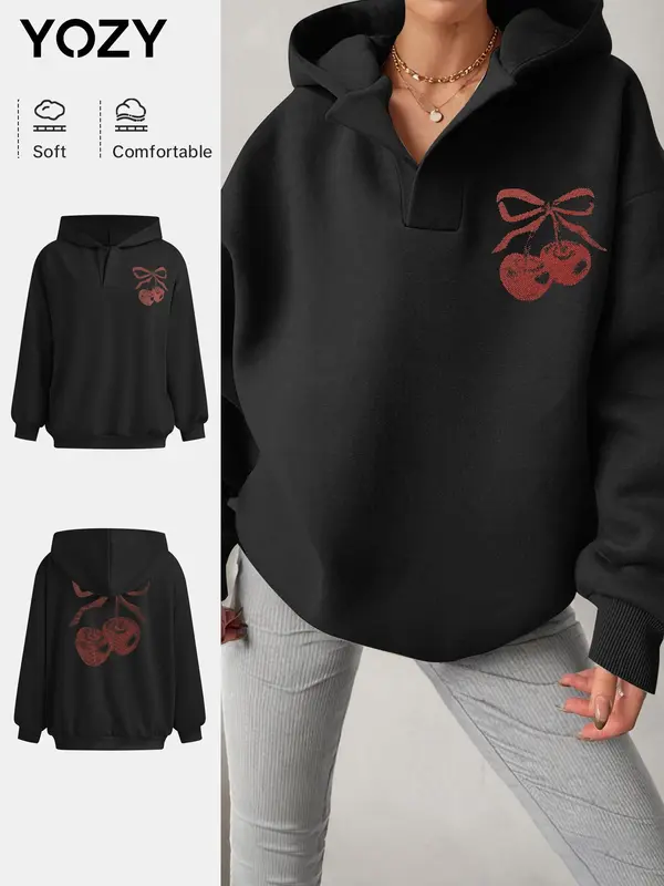YOZY Women's Cherry Print Drop Shoulder Hoodie, Fashion Casual Long Sleeve Hooded Sweatshirt for Daily Holiday Outdoor Wear, Women Clothing for Fall & Winter 4