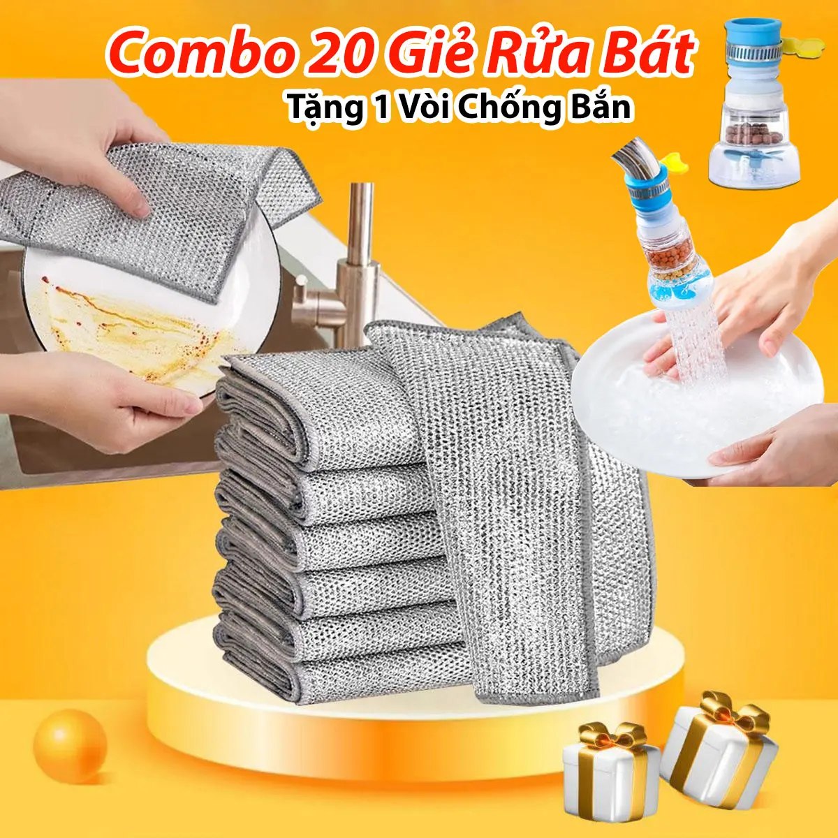 Combo 20 Khăn Rửa Chén Dây Kim Loại Lau Bồn Rửa Chén Cọ Rửa Xoong Nồi Chén Bát PVA Màu Đặc 20x20cm Tặng 1 Vòi Nước - Rửa Bát, Dụng Cụ Rửa