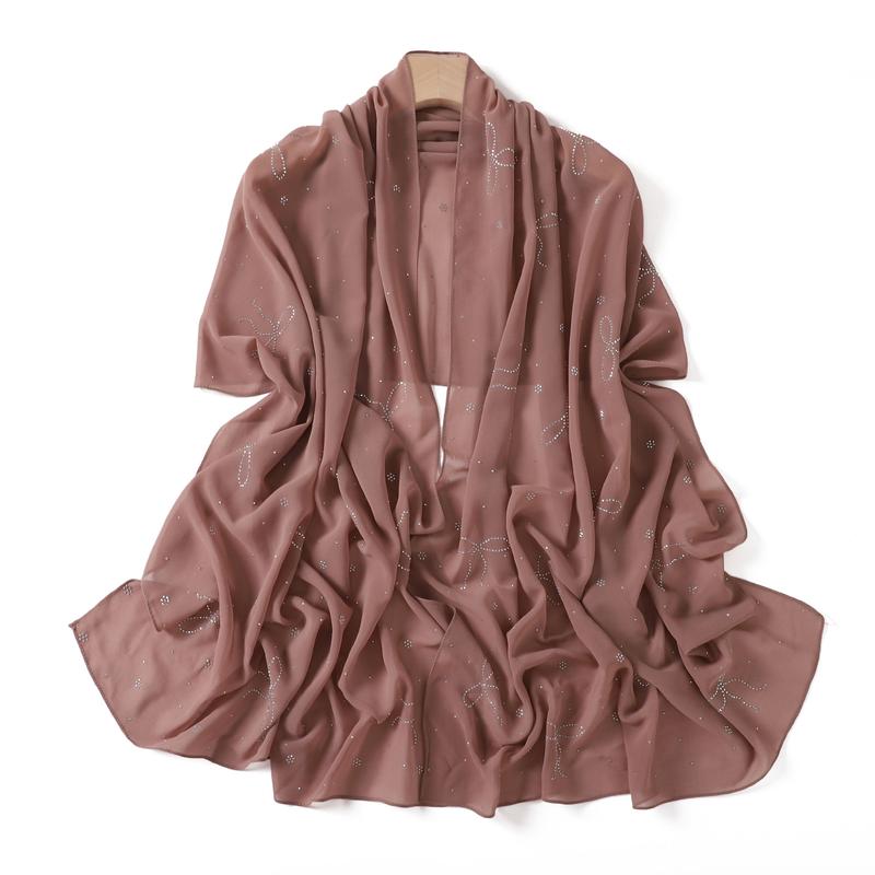 Product Introduction of High-End Heavy Craft Bowknot Rhinestone Solid Color Chiffon Long Scarf Full Rhinestone Shawl Headscarf Cape Scarf Silk Scarf for Women 11