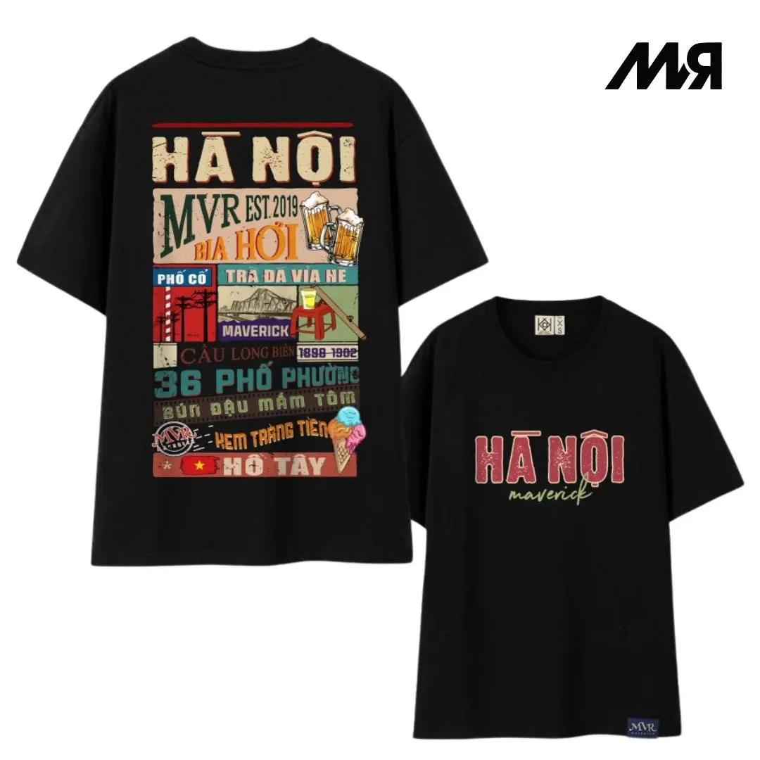 Áo thun unisex MVR hơn 63 tỉnh thành - HÀ NỘI - Đen/ Trắng Menswear Nam Cổ Tròn Cotton