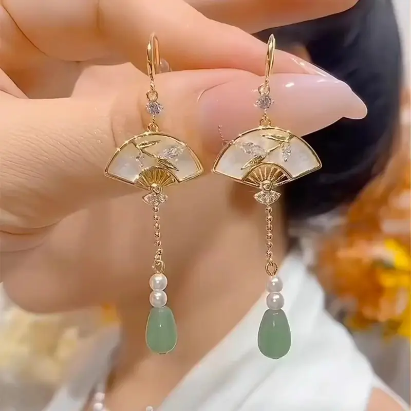 New Chinese Style Ancient High-end Feel Folding Fan Tassel Earrings