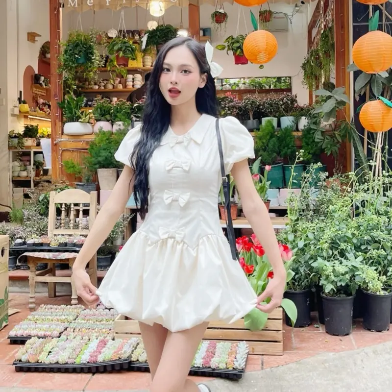 Váy bồng xoè dáng bí thường mặc dáng ngắn đính nơ tay bồng kèm quần bảo hộ dilyshop - V89 | BigBuy360 - bigbuy360.vn