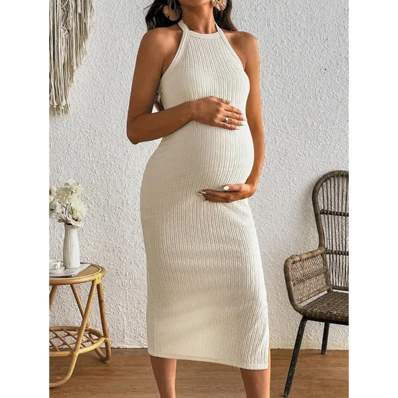 Women's Halter Knitted Dress, Spring/Summer Vacation Romantic Soft Stretchy Ribbed Apricot Elegant Maternity Dress 2