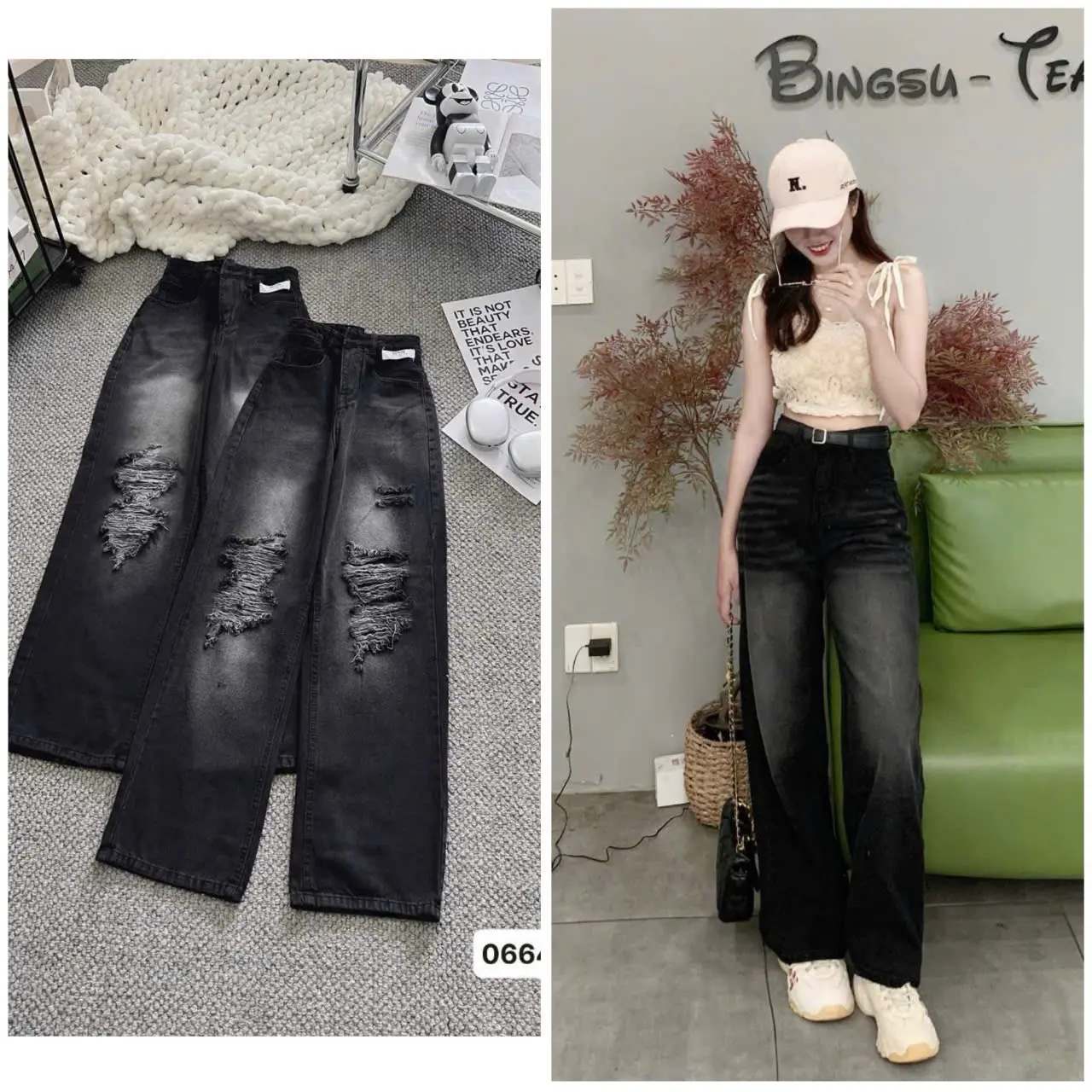 Quần jean suông màu đen pha khói thời trang