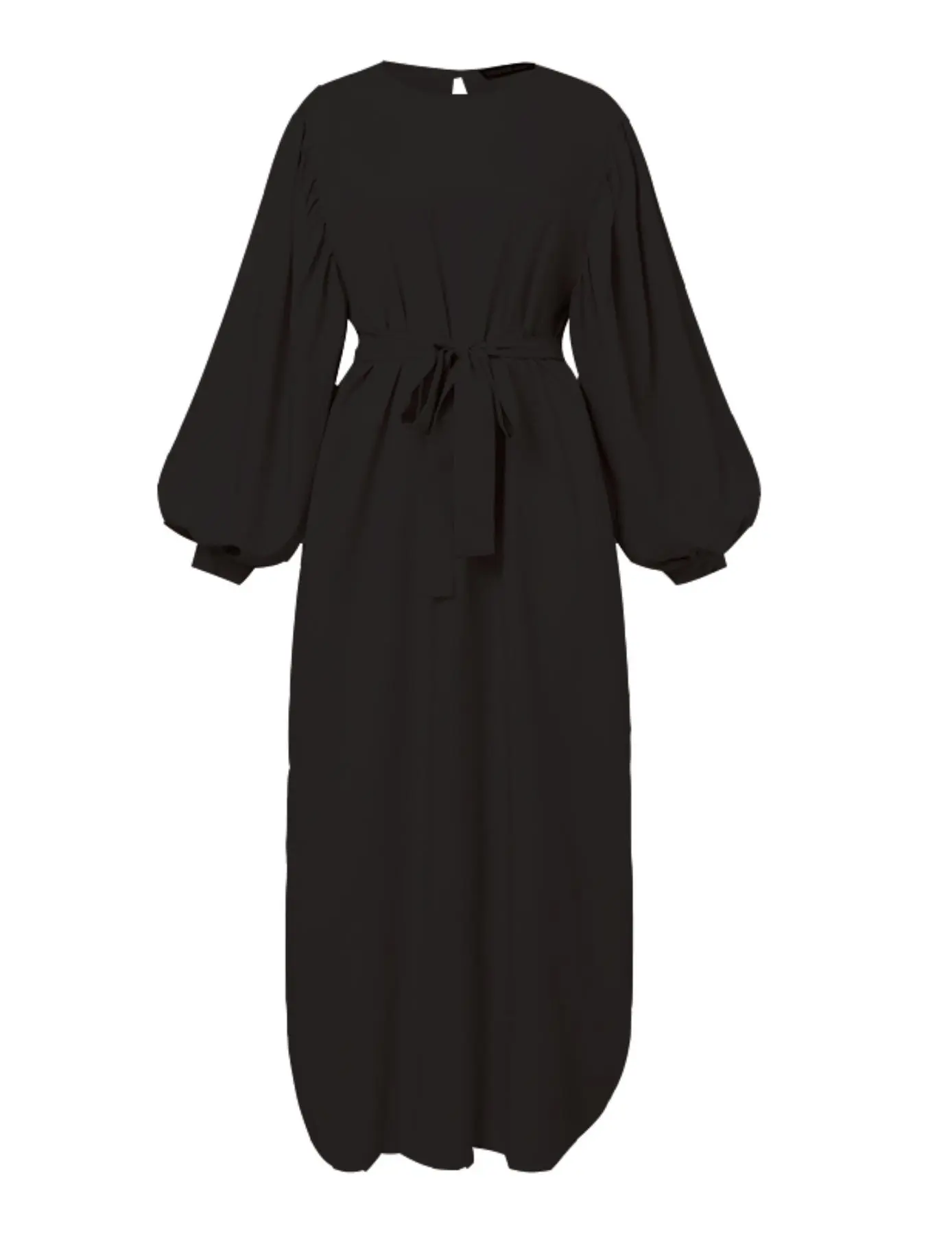 Women's Plain Round Neck Lantern Sleeve Arabic Dress, Closed Abaya, Modest Casual Modest Tie Front Arabian Long Dress, Ladies Muslim Fashion for Spring, Women's Islamic Clothing