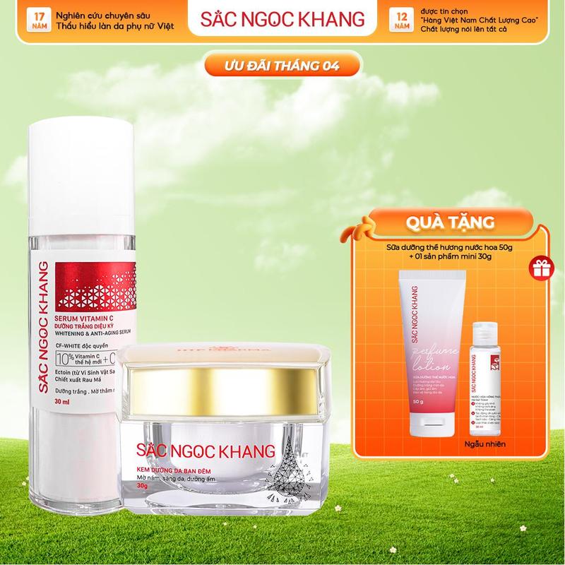 Combo Hỗ Trợ Dưỡng Trắng Da Cấp Ẩm Chuyên Sâu: Serum Vitamin C 30ML + Kem Đêm 30G Sắc Ngọc Khang - Hỗ Trợ Cải Thiện Thâm, Nám, Sạm, Tàn Nhang, Lão Hóa Da Skincare