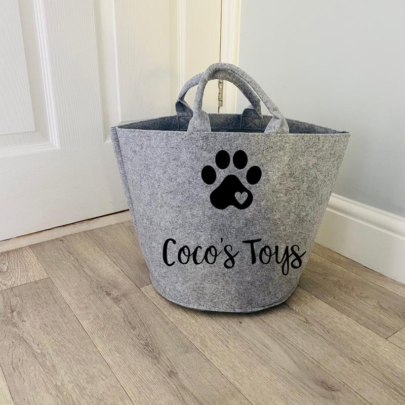 Personalised Dog Toy Basket Organiser - Felt - Grey or Beige Sand - Toy Box - Add your pet's name Gift 8