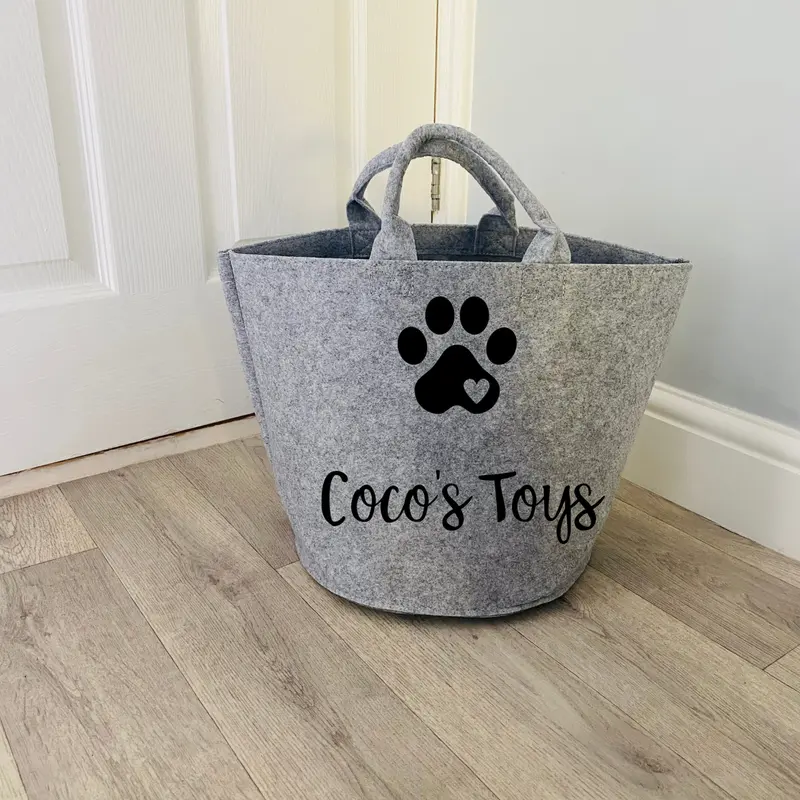 Personalised Dog Toy Basket Organiser - Felt - Grey or Beige Sand - Toy Box - Add your pet's name Gift 7