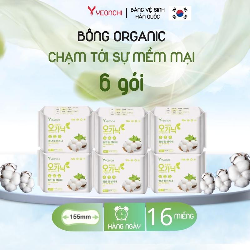6 gói Băng vệ sinh Yeonchi Organic hàng ngày 155mm không cánh bề mặt bông hữu cơ