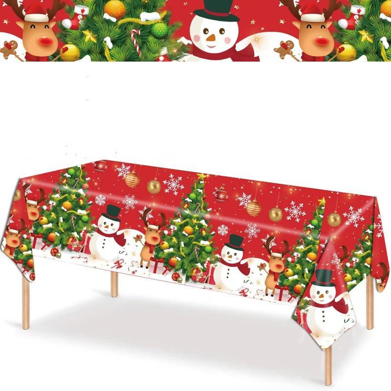 Disposable Tablecloth, 1 Count Snowman & Christmas Reindeer Pattern Table Cover, Holiday Party Decoration Supplies for Home Kitchen Dining Room 2