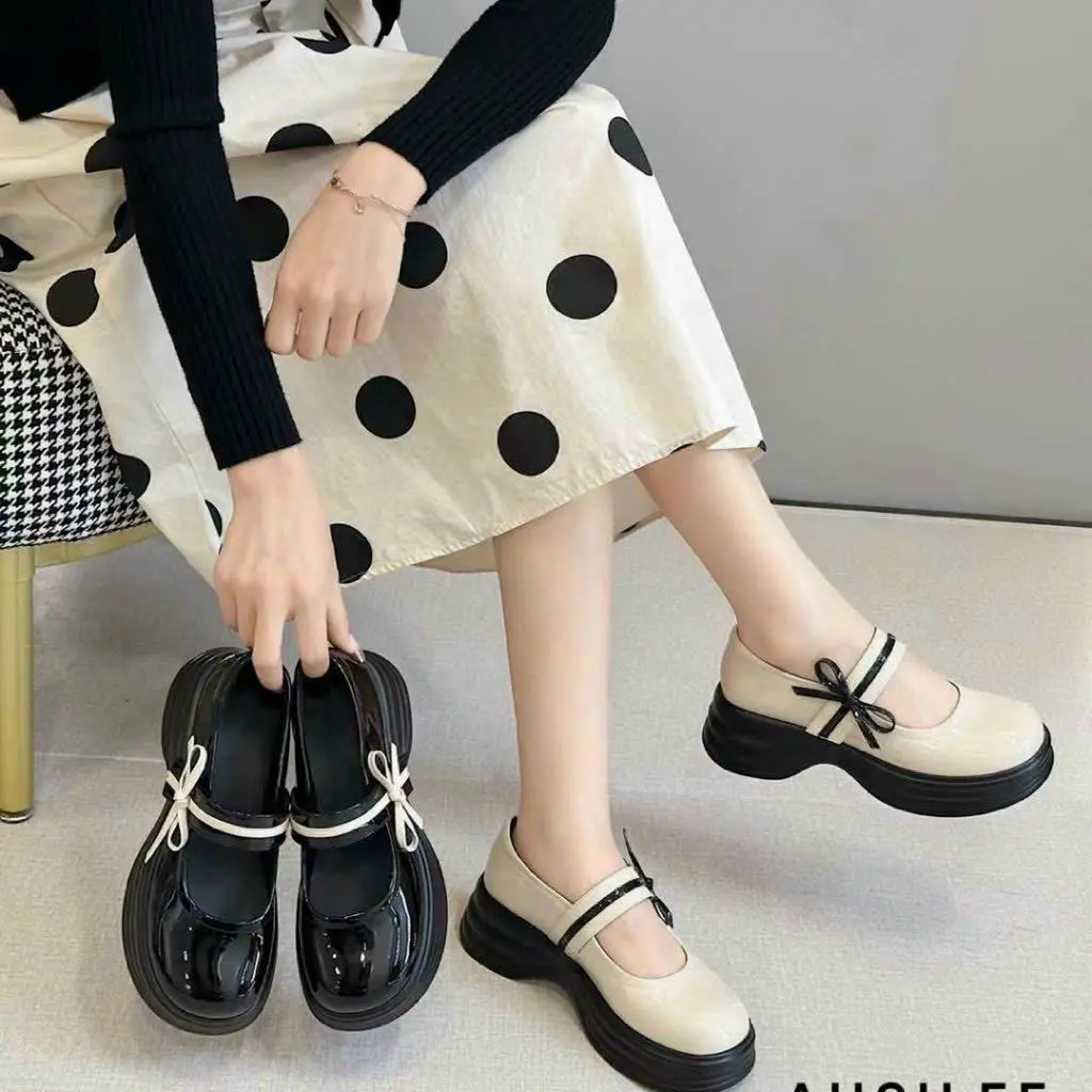 Giày búp bê nơ Mary jane cao 5 phân hàng cao cấp chất da bóng xinh xỉu Nữ DéP ( phom rộng ) đốc